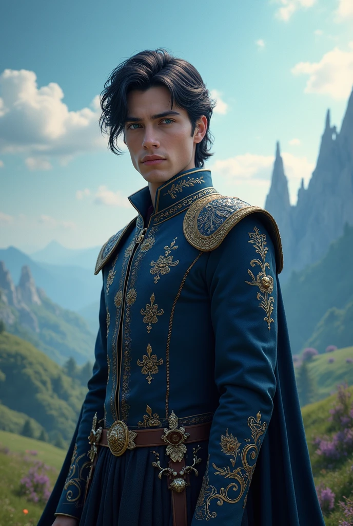 Prince with black hair and blue eyes in fantasy world