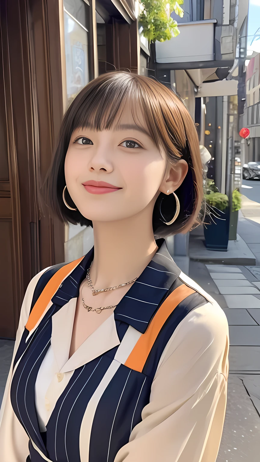 Show me the woman who will amaze everyone..、Eat a parfait at a cafe、（Antique cafe with a retro atmosphere）、（Enjoy a delicious fruit parfait.）、It suits her perfectly.、A tight fitting orange striped one piece suit、The collar should be a little more open、Looking up from the waist、Composition seen from diagonally above、Shortcuts、Bobcut、He looks very happy、Staring straight ahead with a bright smile、Arms crossed、The lips are a little pointed.、Bangs slightly messed up by the wind、Looking up from below、Soft Backlight、Earrings、Chain Necklaces、Face Up