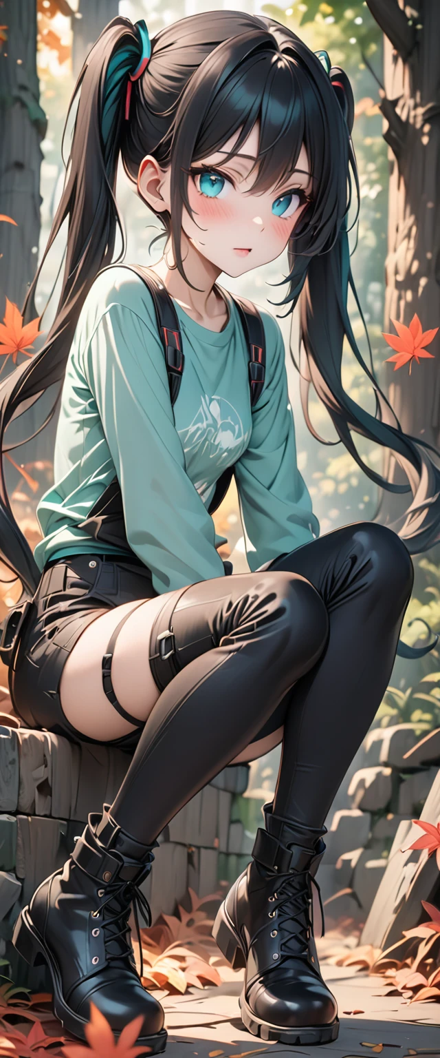 Skintight clothing, seductive pose, large breasts, skinny, Sexy, revealing outfit, Create a full-body shot of a female character with long, dark blue hair and a white streak on one side. She has large, expressive yellow eyes and pointed elf-like ears. She is wearing a green jacket over a black top, and her expression should be one of surprise or curiosity. The background should be a forest setting with green trees and a natural ambiance, making the image suitable for an iPhone wallpaper