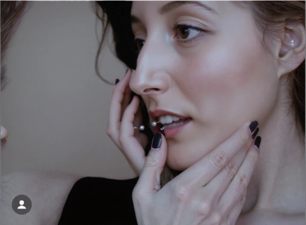 bearded bearded woman, brown hair, amber eyes, kisses the void with her mouth, eyes closed