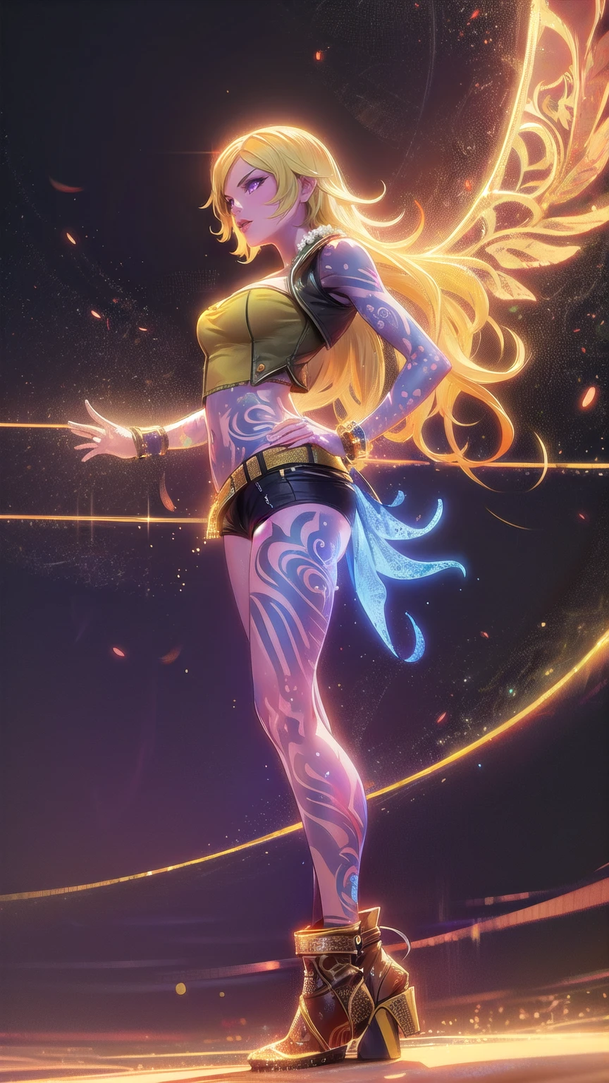 1girl, combining elements of Yang Xiao Long from "RWBY" and Lilith from "Borderlands", beautiful detailed eyes, beautiful detailed lips, extremely detailed face and portrait, long eyelashes, flowing golden hair, lilac/violet eyes, large bust, crop top, short shorts, wearing flat heeled boots, tattoos, (glowing blue markings), posing confidently, fantasy landscape, ancient ruins, sunlight, volumetric lighting, cinematic, award winning digital art, intricate details, highly detailed, hyper realistic, 8k, masterpiece, (wide angle), (full length portrait), lilithbl2, bhands, glow particle, wings, tattooed 