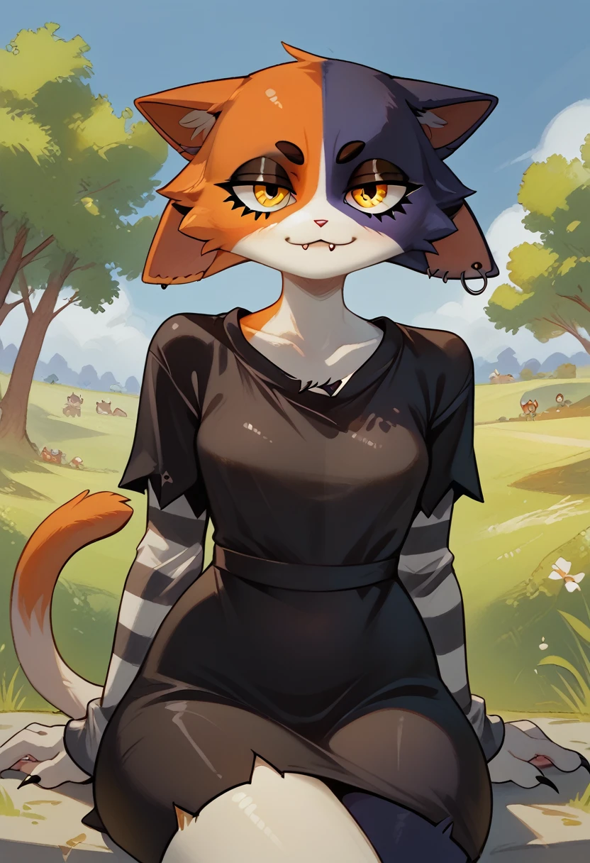 score_9, score_8_up, score_7_up, ultra quality, 1girl, 1girl, solo, furry, anthro, 1girl, meowskulls, meow skulls, Meowskullsxl, anthro, cat girl, animal ears, multicolored fur, black fur, orange fur, orange eyes, black and white and orange cat girl, multicolored fur, animal nose, black dress, dress, skin tight dress, sitting, seductive look, bedroom eyes, orange cat tail, cowboy shot, looking at viewer, staring at viewer, infatuated with viewer,outdoors, sunny