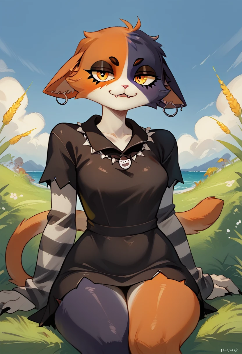 score_9, score_8_up, score_7_up, ultra quality, 1girl, 1girl, solo, furry, anthro, 1girl, meowskulls, meow skulls, Meowskullsxl, anthro, cat girl, animal ears, multicolored fur, black fur, orange fur, orange eyes, black and white and orange cat girl, multicolored fur, animal nose, black dress, dress, skin tight dress, sitting, seductive look, bedroom eyes, orange cat tail, cowboy shot, looking at viewer, staring at viewer, infatuated with viewer,outdoors, sunny