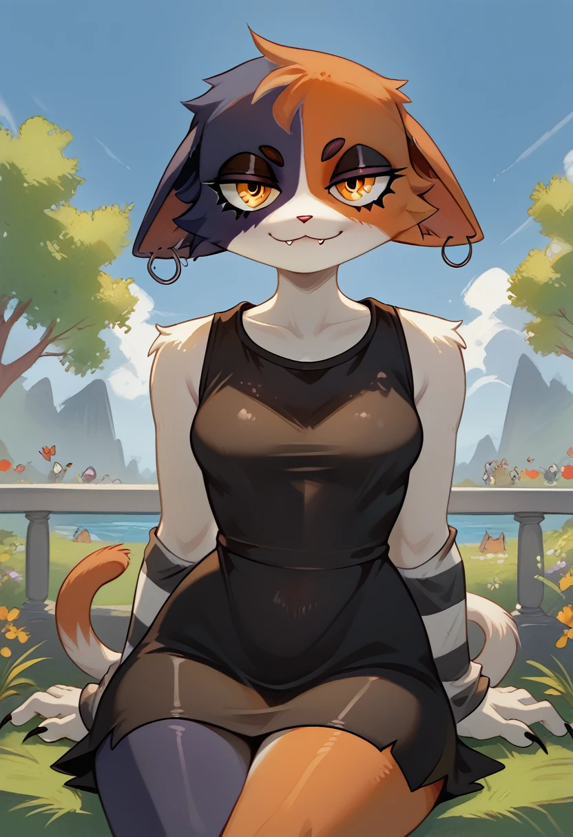 score_9, score_8_up, score_7_up, ultra quality, 1girl, 1girl, solo, furry, anthro, 1girl, meowskulls, meow skulls, Meowskullsxl, anthro, cat girl, animal ears, multicolored fur, black fur, orange fur, orange eyes, black and white and orange cat girl, multicolored fur, animal nose, black dress, dress, skin tight dress, sitting, seductive look, bedroom eyes, orange cat tail, cowboy shot, looking at viewer, staring at viewer, infatuated with viewer,outdoors, sunny