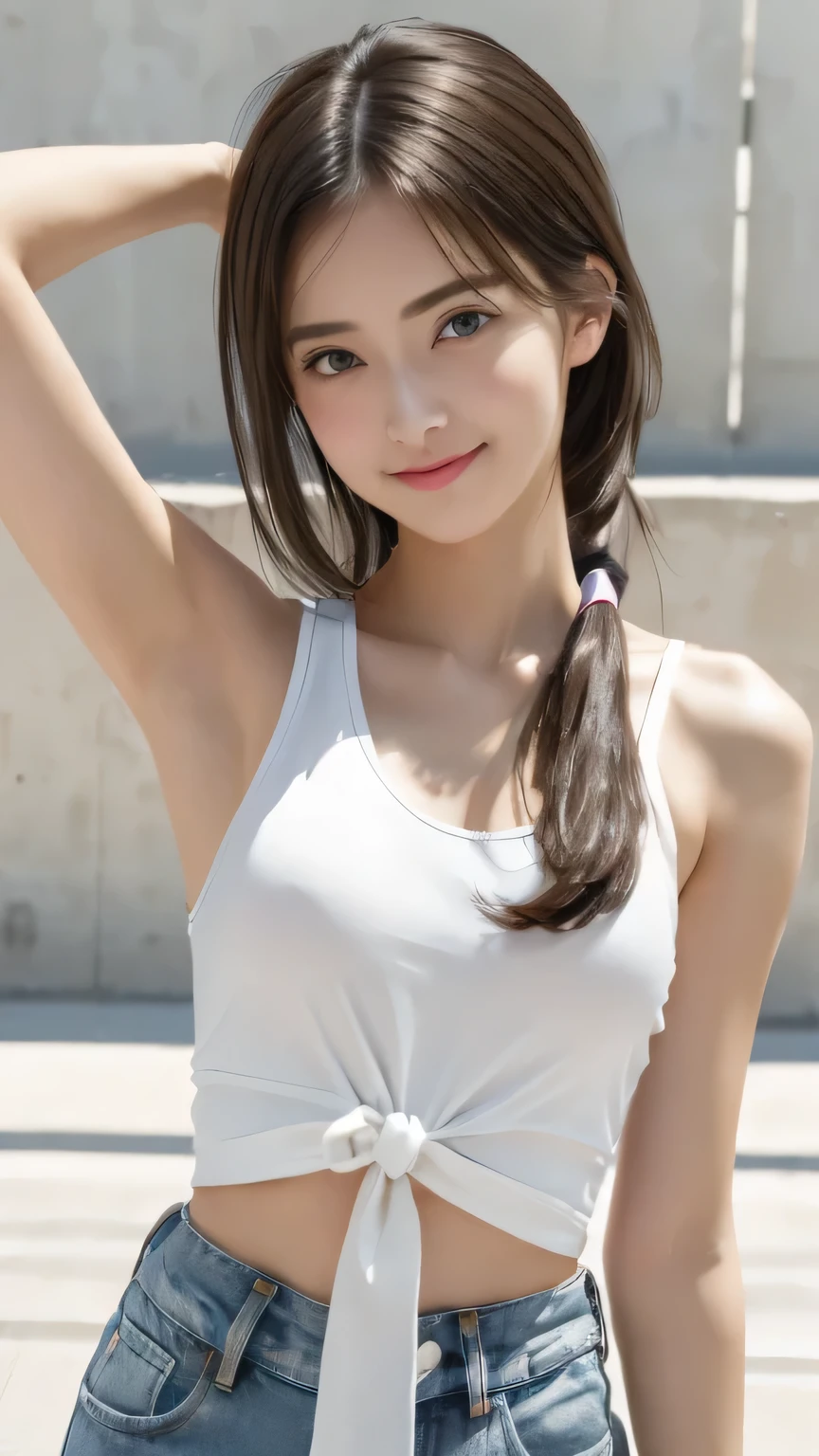 realistic, photo, 20 year old female, sports bra, brown hair, brown eyes, upper body, tiktok, beautiful, instagram