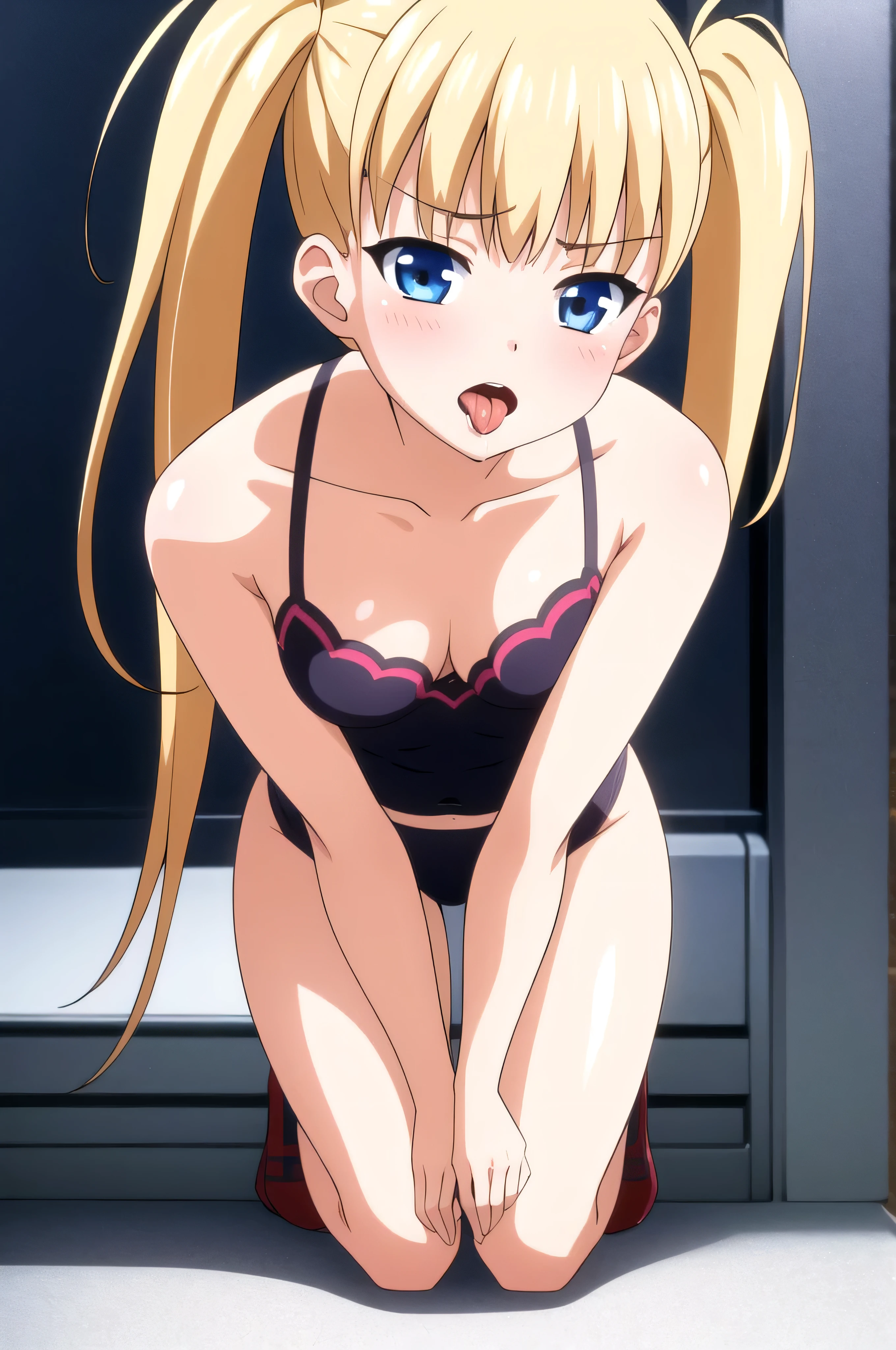 (masterpiece, Best Quality:1.2), absurdities, perfect anatomy, owtech, stylized, 1 girl, full body, looking at the viewer, blushing, shy expression, blunt bangs, Focus only, Soft lighting, (blue eyes), blonde hair, very long hair, twintails, Airi Akizuki, breast, navel, A beautiful and seductive girl, sexy body, Poop sitting, kneeling, leaning forward, supporting arms, open mouth, tongue, saliva,