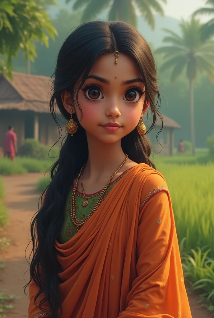 Create a cute nepali brahmin culture girl wearing a white kurtha and yellow sal and have properly white skin tone in a city background at a height of 4 feet and 11 inches and straight hair with light coming on her face with a normal size face and have small eyes looking like a real person and the girl is 13 years old