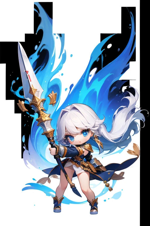 (((Best Quality))) , ((full body)), female, fantasy, (white background), chibi, holding weapon, standing, long legs,