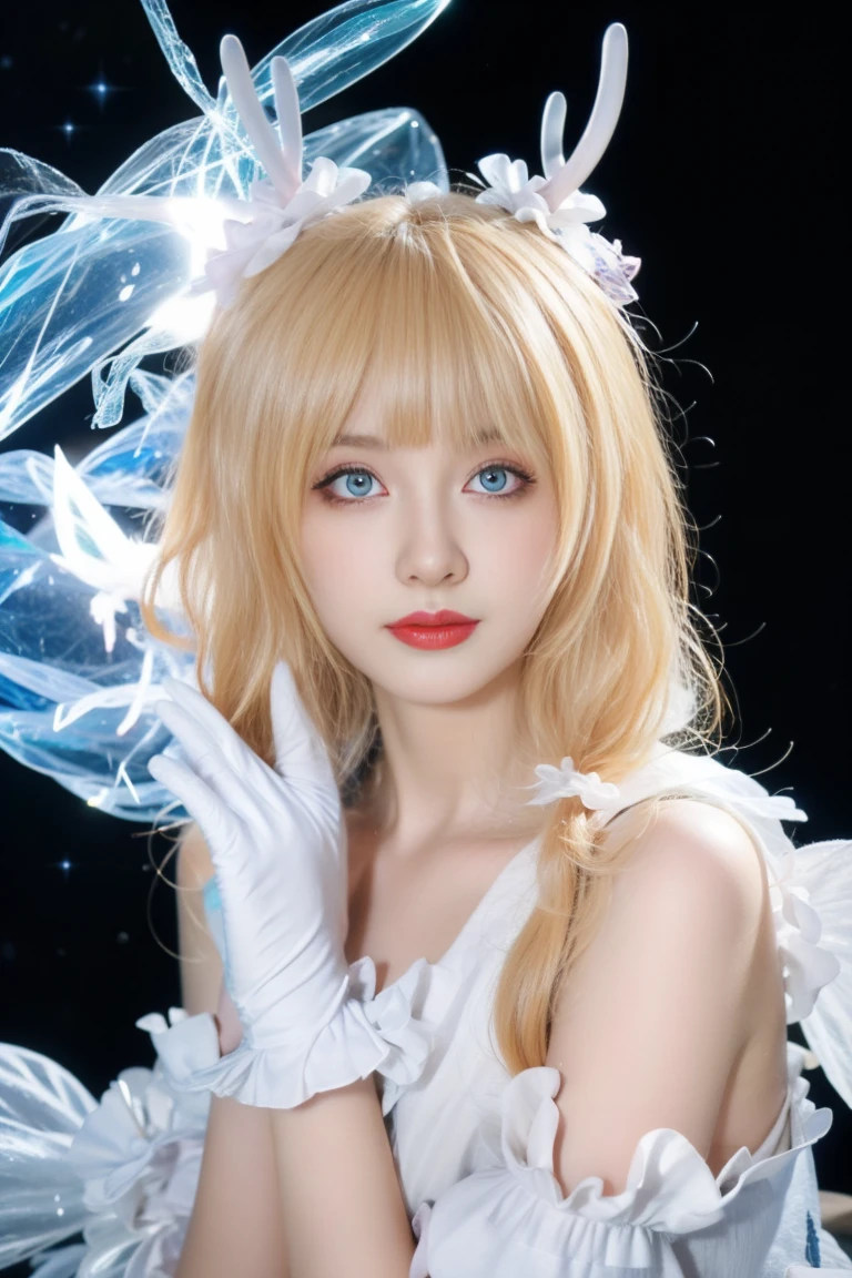 best quality, tmasterpiece,Ultra-high resolution,Clear face,（Reality：1.4），ferpect lighting, (photorealistic:1.50), anime wallpaper, Guviz style artwork, cover-up fantasy up to magic , by Yang J, Guviz, beautiful artwork illustration, beautiful digital artwork, beautiful digital illustration, Li Song, beautiful anime portrait, art style in Beauvot,(1girl:1.2),(upper_body:1.1),blonde hair,Beautiful eyes,blue_eyes,dress,white pantyhose,white_gloves,(pointy ears:0.9),star \(symbol\),cosplay,nature,outdoor,Melon seed face,photo_unp,renwu,wuqi,