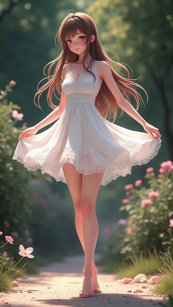 1girl, solo, full body, (masterpiece:1.21), (best quality:1.2), colorful, (illustration:1.2), (cinematic lighting:1.1), (bare shoulders:1.21), (collarbone:1.21) in this whimsical A beautiful and dreamlike garden, the scene is illuminated by a rainbow (colorful fireflies) dancing in the air. Pastel (drizzle) adorns the garden, creating a hazy and ethereal atmosphere. In the center of the picture, stands a single girl, an extremely beautiful girl, with lovely facial features and an innocent expression. Her long hair fluttered in the wind. She wore a low-cut strapless dress that accentuated her curves. The lighting is very delicate and beautiful, creating a soft warm glow that accentuates the water and makes it sparkle like a diamond. The finest grasses are also illuminated to create a lush carpet. The garden is surrounded by colorful flower fields with flowers of all colors and shapes. Various colors and sizes (coloured butterflies) can be seen flying around the scene, adding to the overall sense of wonder and magic. (Everyone, judges), a blush can be seen on the bridge of the nose, and the mouth is slightly opened, which adds to the overall sense of innocence and youth. Falling petals can be seen waving around her, adding to the overall sense of romance and beauty. The breeze is blowing, the leaves are rustling, and the flowers are swaying, adding to the overall dynamism and vitality. It is a scene of pure wonder and magic, full of color and beauty, where the viewer can lose themselves in this enchanting and captivating world.