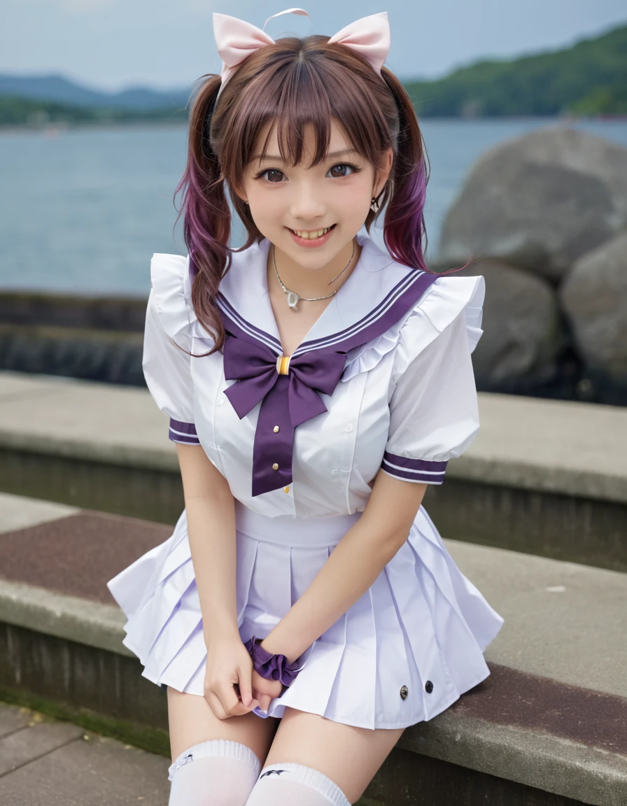 Absurd, High resolution, Ultra-detailed smile,Open your mouth,Standing, Watching the audience,Tracen School Uniform, Summer uniform, Seraphim, Puff short sleeves, bow tie, Horseshoe ornament, Sailor collar, Sailor shirt, Frills, White Skirt, Purple Shirt, mini skirt, zettai ryouiki, White knee socks, Brown footwear, shoes,\(Uma Musume\),Twin tails, Brown Hair, Long Hair, Have,Large Breasts, Purple eyes, Multicolored Hair, earrings, Hair Ribbon,