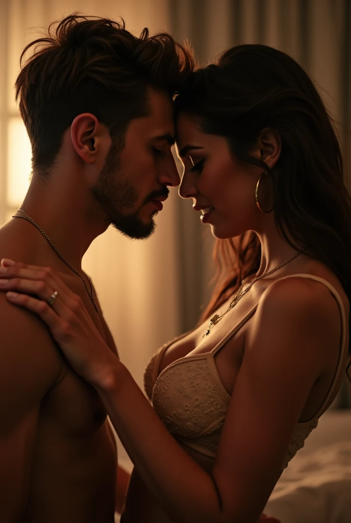 a man and a woman having hot sex, both of them having an orgasm, the woman with her mouth open and the man with an orgasmic expression(penetration into the vagina in the riding position)