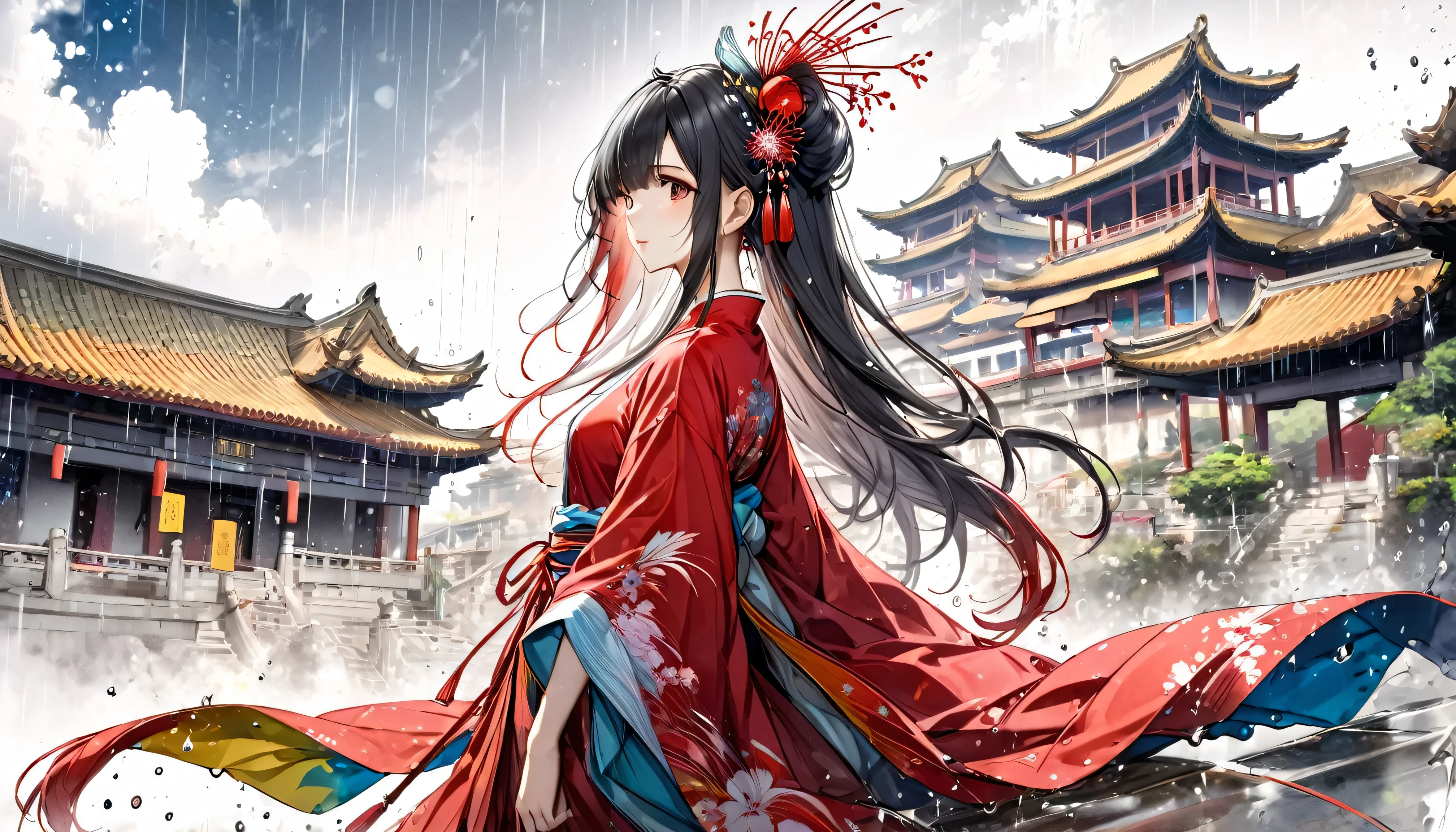 (8k, RAW photo:1.2),best quality, ultra high res,dramatic angle,(fluttered detailed color splashs), (illustration),(((1 girl))),(long hair),(rain:0.9),(hair ornament:1.4),there is an ancient palace beside the girl,chinese clothes,(focus on), color Ink wash painting,(color splashing),colorful splashing,(((colorful))),(sketch:0.8), Masterpiece,best quality, beautifully painted,highly detailed,(denoising:0.6),[splash ink],((ink refraction)), (beautiful detailed sky),moon,highly,detaild,(masterpiece, best quality, extremely detailed CG unity 8k wallpaper,masterpiece, best quality, ultra-detailed),(Lycoris radiata),