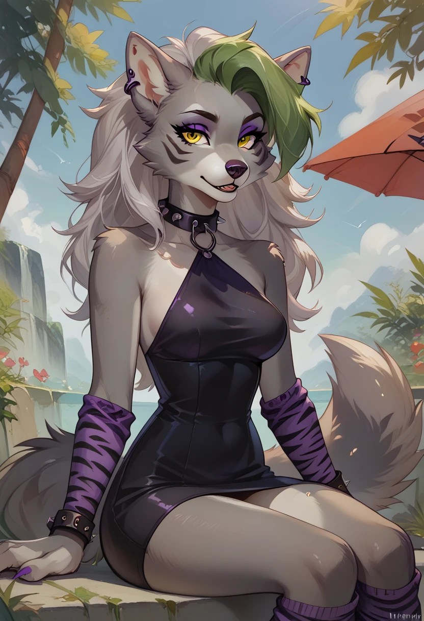 score_9, score_8_up, score_7_up, 1girl, anthro, roxannewolf, roxanne wolf, roxanne, grey wolf girl, grey fur, grey hair, grey animal ears, animal nose, yellow eyes, purple tigerprint arm warmers, purple tigerprint leg warmers, black dress, dress, skin tight dress, sitting, green/black/purple nails, earring, studded piercing, studded wristband, studded collar, sitting, seductive look, bedroom eyes, from behind, grey wolf tail, cowboy shot, looking at viewer, staring at viewer, infatuated with viewer,outdoors, sunny