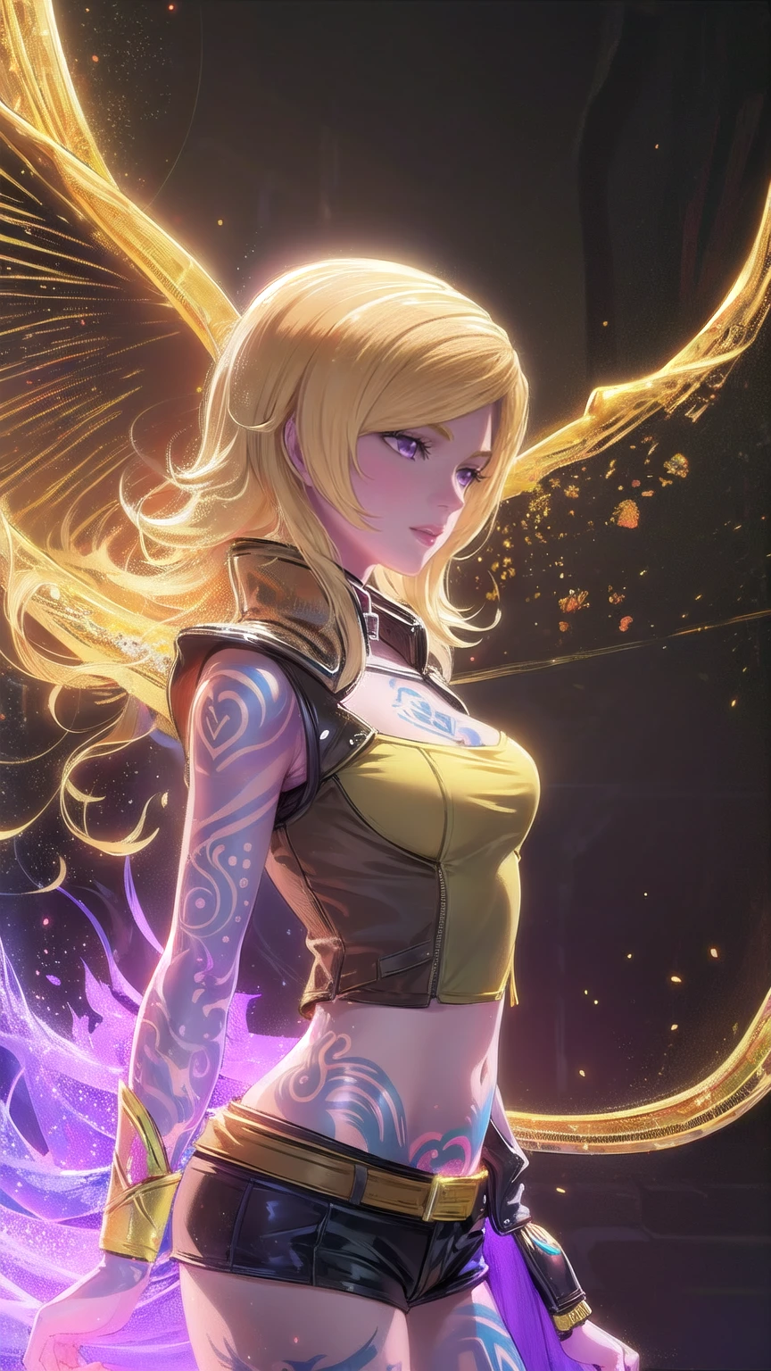 1girl, combining elements of Yang Xiao Long from "RWBY" and Lilith from "Borderlands", beautiful detailed eyes, beautiful detailed lips, extremely detailed face and portrait, long eyelashes, flowing golden hair, lilac/violet eyes, large bust, crop top, short shorts, wearing flat heeled boots, tattoos, (glowing blue markings), posing confidently, fantasy landscape, ancient ruins, sunlight, volumetric lighting, cinematic, award winning digital art, intricate details, highly detailed, hyper realistic, 8k, masterpiece, (wide angle), (full length portrait), lilithbl2, bhands, glow particle, wings, tattooed 