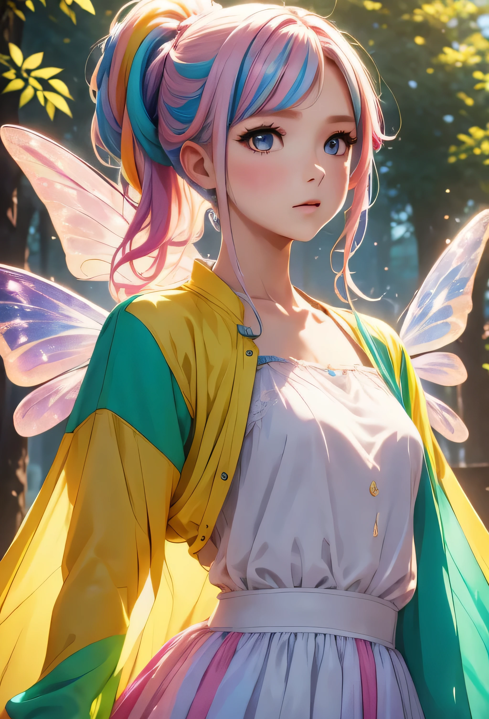 Young woman, facing the camera, piercing gaze, rainbow eyes, multicoloured hair, half up half down ponytail, warm glossy rainbow jacket, age jacket, modest clothing, fully covered, flat chest, flat breasts, multi-colored wings, medium close up