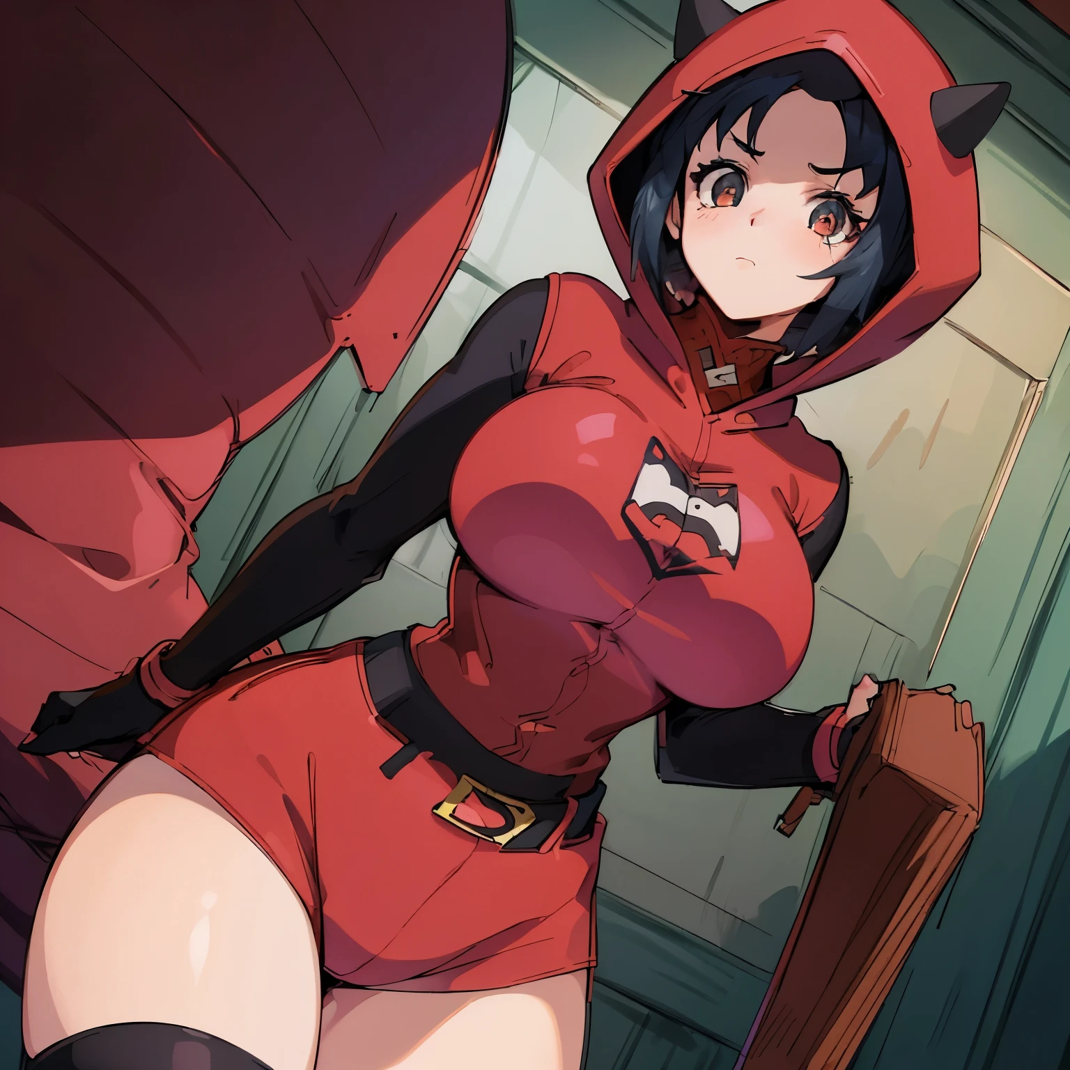 (insanely detailed, beautiful detailed face, masterpiece, best quality), ((masterpiece)),((best quality)),(highres), bokeh, looking at viewer, cowboy shot, pkmntpg, fake horns, hoodie, red shorts, gloves, red boots, huge breast, large breast, black hair, short hair, black eyes, kotomi takanashi