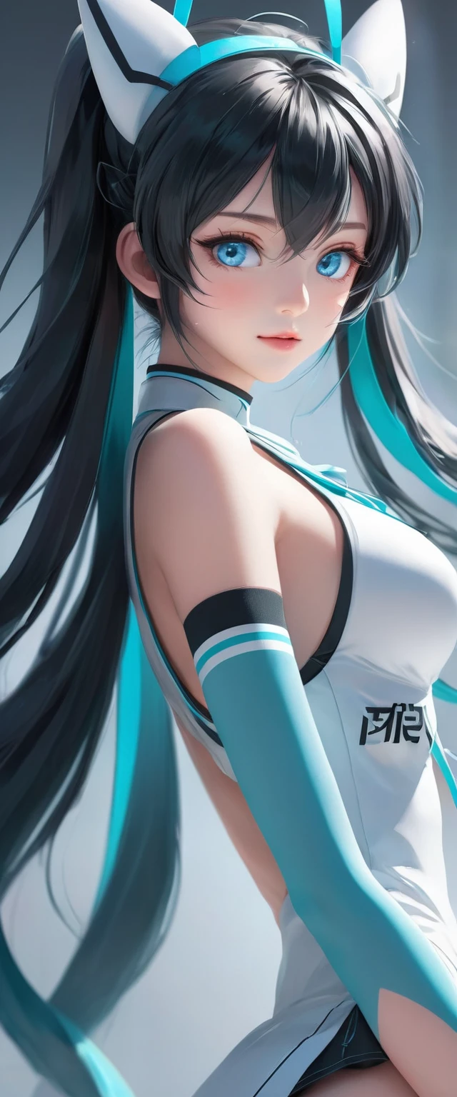 (Hatsune Miku)、Light blue twintails、(masterpiece,Best Quality,Ultra-high resolution),(((A very beautiful 30 year old woman))),(Black athletics uniform、The clothes fit perfectly)、Anime face、masterpiece, Best Quality, Best Quality, 16k, Very detailed, AI-generated, Delicate and dynamic, Very delicate facial expression, Delicate eye depiction,Big eyes、Slanted Eyes:1.8、 Healthy Body, Height: 160cm, Cute small breasts:0.5、blush, ((Beautiful thighs)), Athletics Stadium、night、Lots of spotlights、（（Anatomically correct body））、（Watch the viewers closely）、（Focus on the face）、Full body view、Sexy pose、Blue Eyes、One woman 、Soaking wet、Lots of sweat、Nipples erect、Genital wrinkles