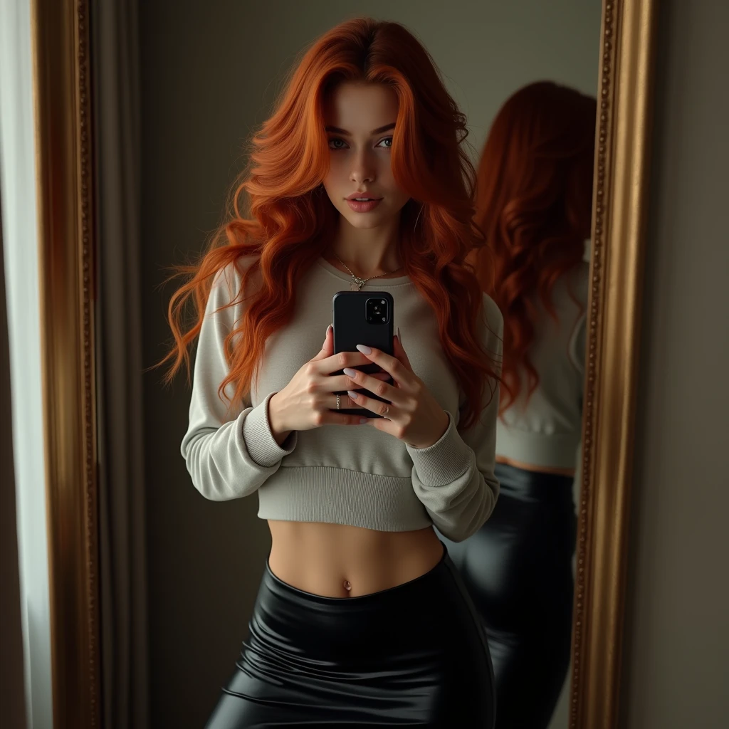 25 year old woman, red hair, blue eyes, sitting in front of a large window, at night,TALKING ON HER CELL PHONE, sad, bothered, unhappy, cinematic, perfect body, perfect face, cinematic, photo real, on her cell phone