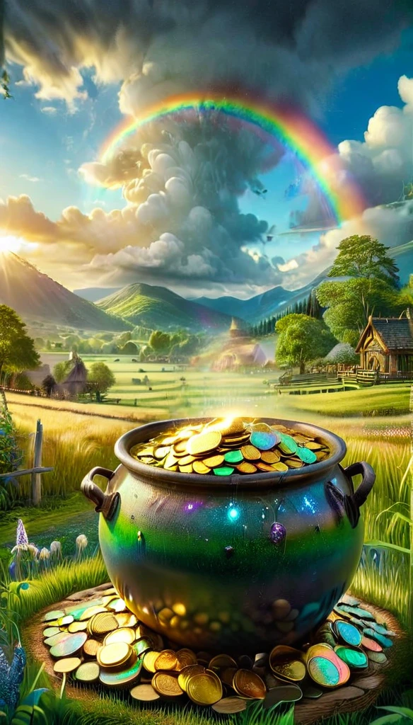 a pot of gold at the rainbow's end, beautiful detailed rainbow, lush green grassy field, golden sunset lighting, highly detailed, cinematic, epic, dramatic, photorealistic, 8k, hyper realistic, masterpiece, glowing magical lighting, vibrant colors, stunning landscape, dramatic sky, beautiful clouds, shimmering gold coins, treasure trove, fantasy, mythical, magical, surreal