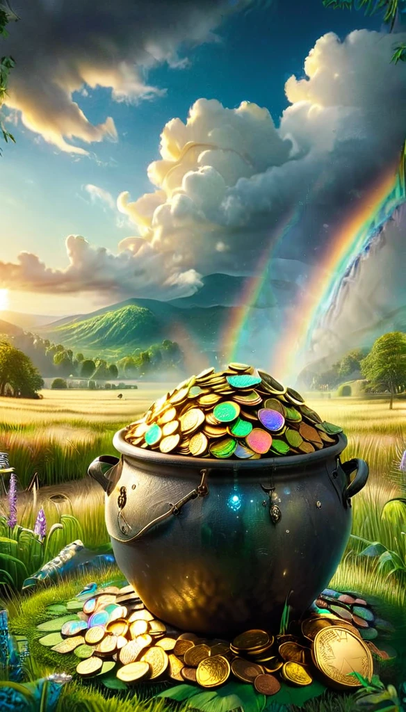 a pot of gold at the rainbow's end, beautiful detailed rainbow, lush green grassy field, golden sunset lighting, highly detailed, cinematic, epic, dramatic, photorealistic, 8k, hyper realistic, masterpiece, glowing magical lighting, vibrant colors, stunning landscape, dramatic sky, beautiful clouds, shimmering gold coins, treasure trove, fantasy, mythical, magical, surreal