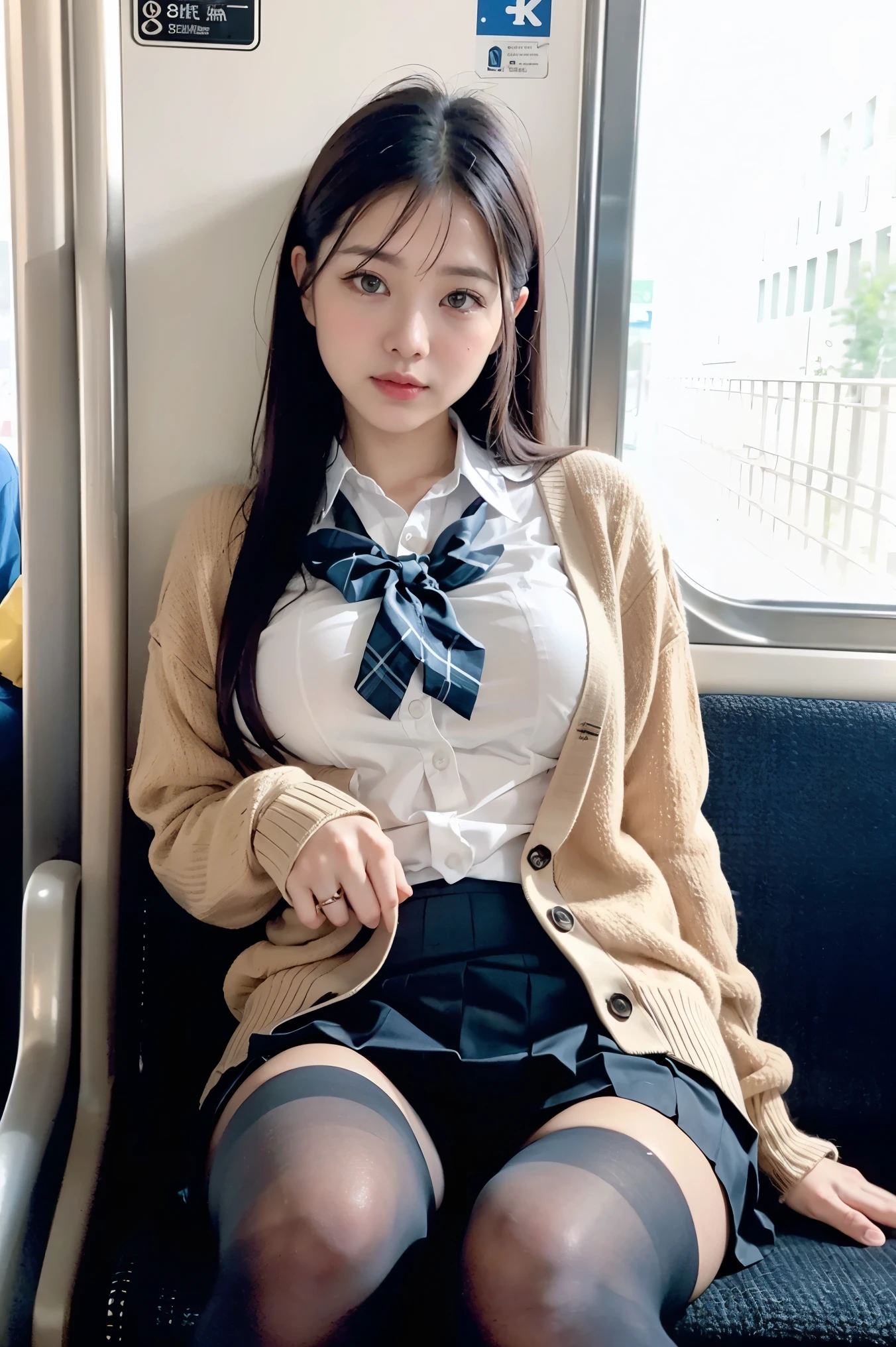 arafed asian woman in a short skirt and bow tie, half squat on a train, cute schoolgirl, japanese girl school uniform, wearing japanese school uniform, japanese school uniform, a hyperrealistic schoolgirl, dressed as schoolgirl, hyperrealistic schoolgirl, wearing school uniform, realistic schoolgirl, girl wearing uniform, wearing a school uniform, of a schoolgirl posing, full body, nice skin, glowing skin, nice thighs,glowing thighs, glowing legs
