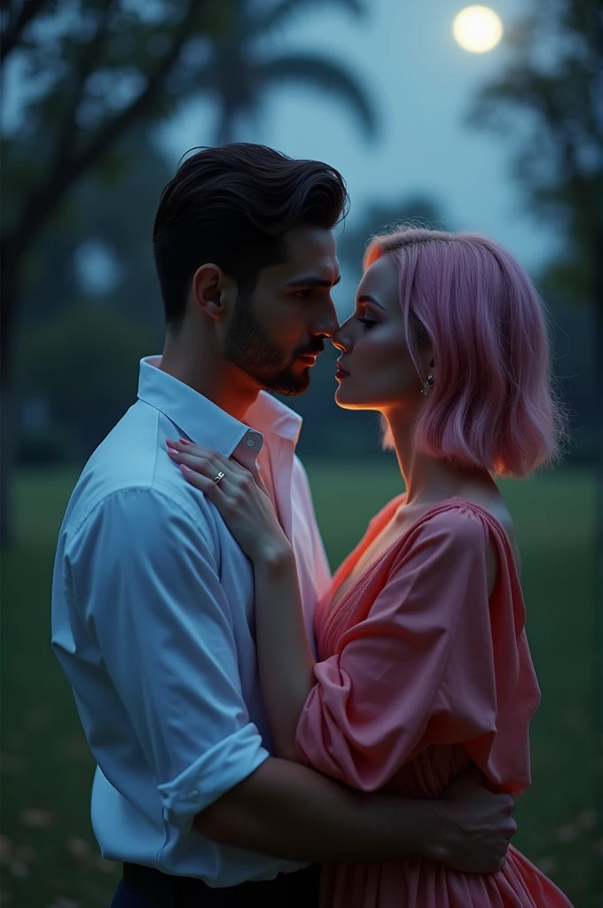 Romantic couple kissing in the wind，Blue-haired boy，Girl with pink hair，glowing stars，Glow effects，Heart-shaped bubbles，the night，On a cruise ship，The face is clear and accurate，detail in face，super-fine，beachside，16K resolution，high qulity，电影灯光，High picture detail，dynamic viewing angle，Detailed pubic hair，Epic shooting，oc rendered