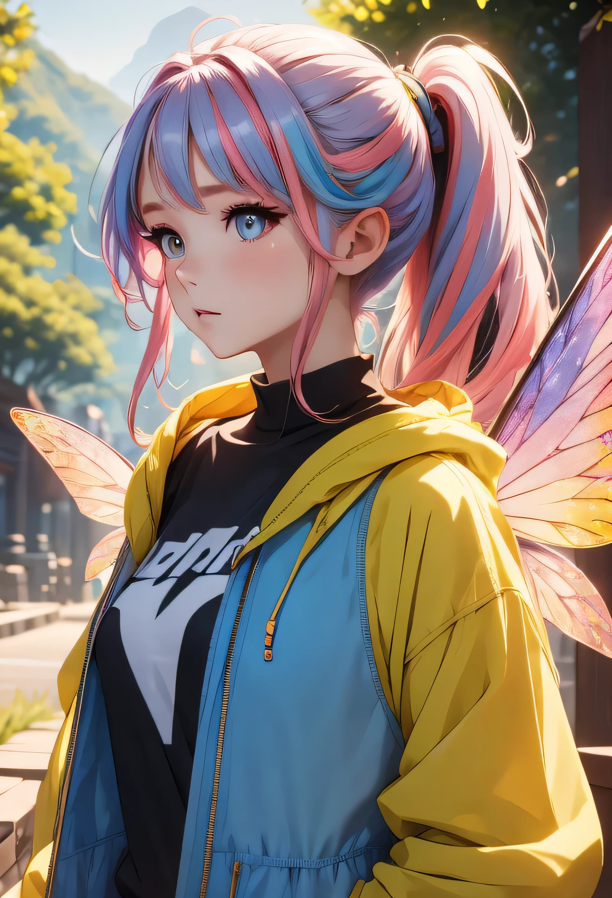 Young woman, facing the camera, piercing gaze, rainbow eyes, multicoloured hair, half up half down ponytail, two strands of hair falling down the side of her face, warm glossy rainbow jacket, teenage jacket, modest clothing, fully covered, flat , flat , multi-colored wings, medium close up