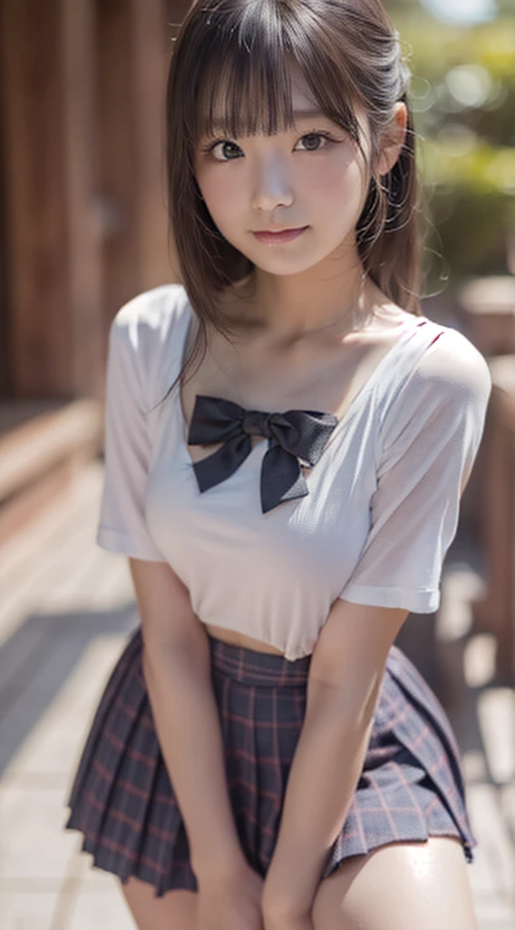 (full body), thick thighs:2.0, ((highest quality、8K、masterpiece:1.3, Photoreal:1.4, realistic human skin)), japanese women, 1 female, black hair, long hair, With bangs, {school uniform, mini skirt, socks, round face:1.5}, normal size breasts, Highly detailed face and skin texture, detailed eye, lip details、Very detailed hair depiction, natural makeup:1.2, Shot with Canon EOS 5D Mark IV, looking at a viewer, Smile、idol face