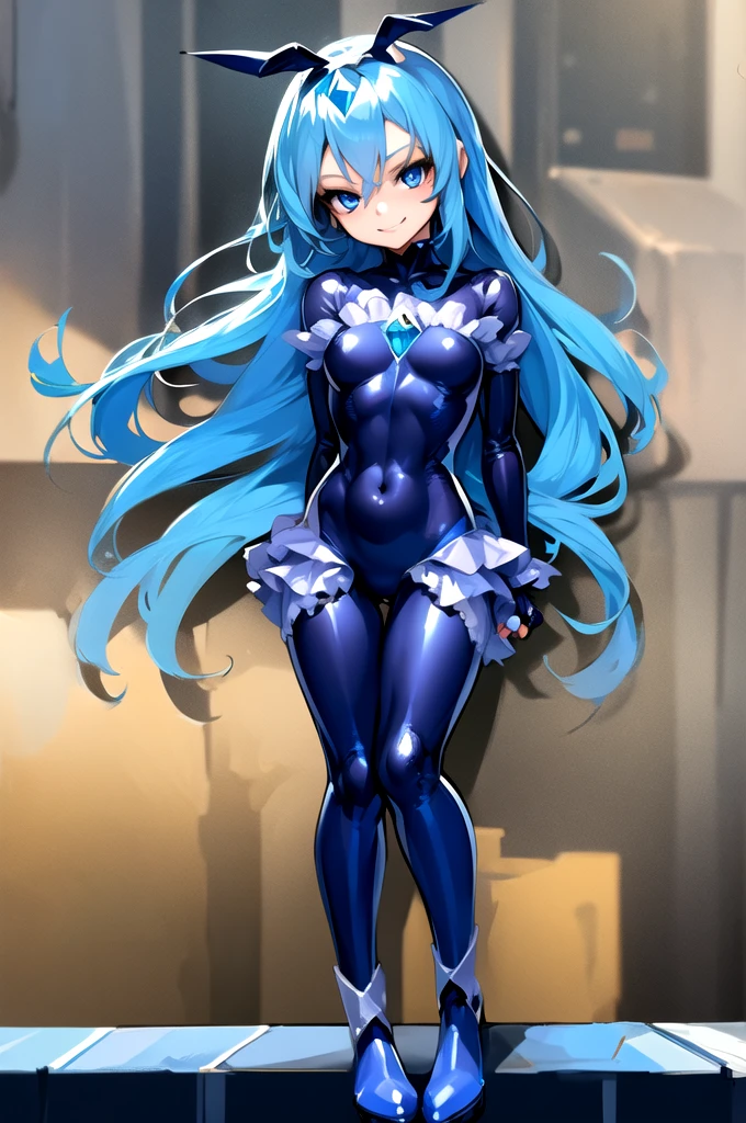 1 girl, bad_end_Pretty Cure, bad_end_beauty, Blue Hair, Blue Eyes, Ruffled Bodysuit, Blue Gemstone，Full body suit，Smile, 