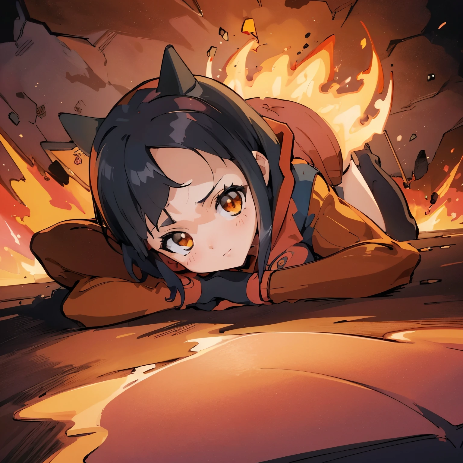 (insanely detailed, beautiful detailed face, masterpiece, best quality), ((masterpiece)),((best quality)),(highres), bokeh, looking at viewer, cowboy shot, pkmntpg, fake horns, hoodie, red shorts, gloves, red boots, medium breast, black hair, short hair, black eyes, kotomi takanashi, (((lava background, magma background))), (((lying down on fire)))