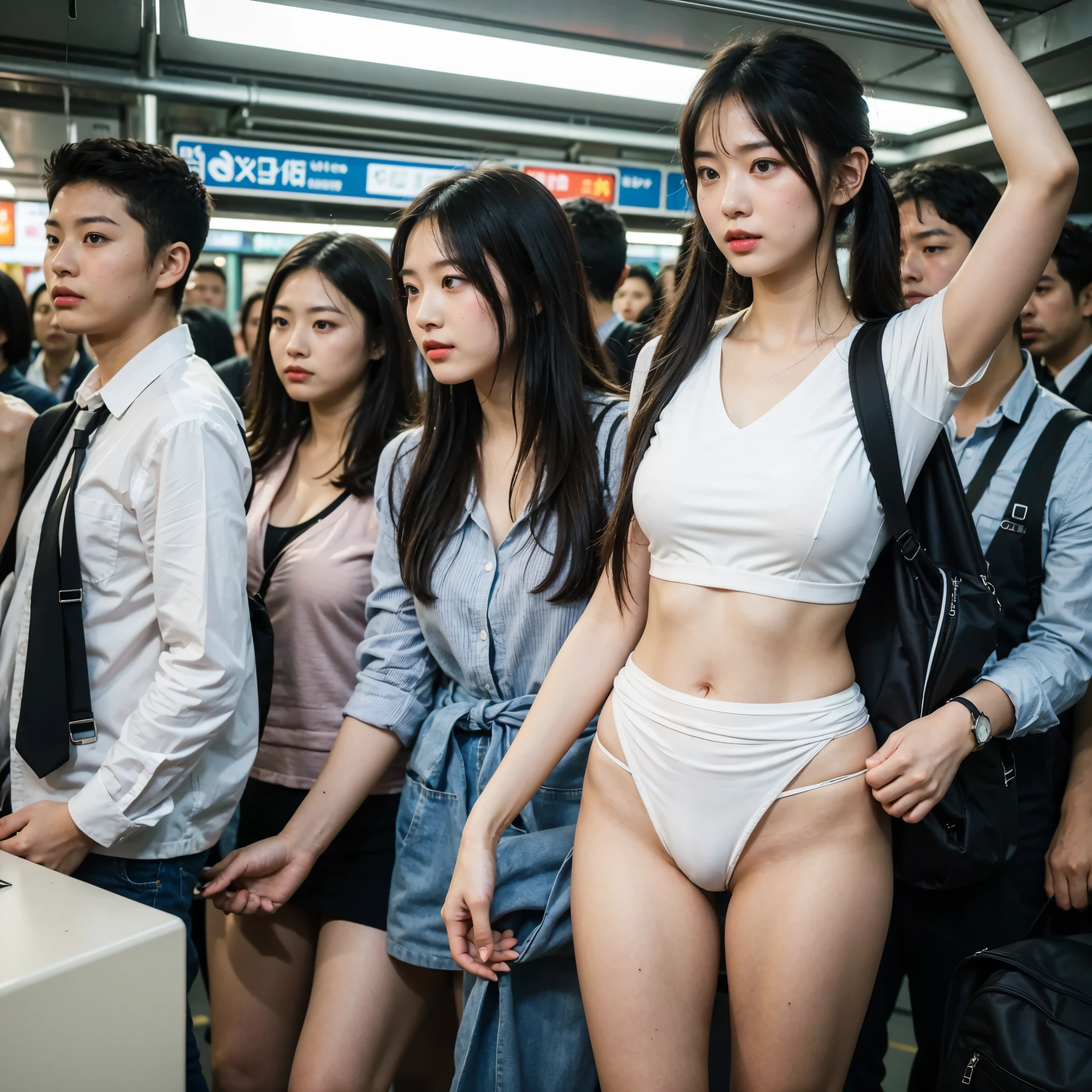Japanese、High school girl, ((Group of four)), 1、Beautiful Face、(Best Quality:1.4),(masterpiece:1.4),(Realistic:1.4),(Realistic:1.2),(超High resolution, RAW Photos:1.4),(High resolution, Very detailed:1.2),(32K:1.2),(Realistic skin texture), Movie Photos,Photo of black hair in twin tails,One Girl,Alone,Wear a blouse ,((Pure white ultra-thin loincloth))、Showing off her thighs、On the way to school、train、subway、Crowded train interior、Strap、School bag、Standing、uniform