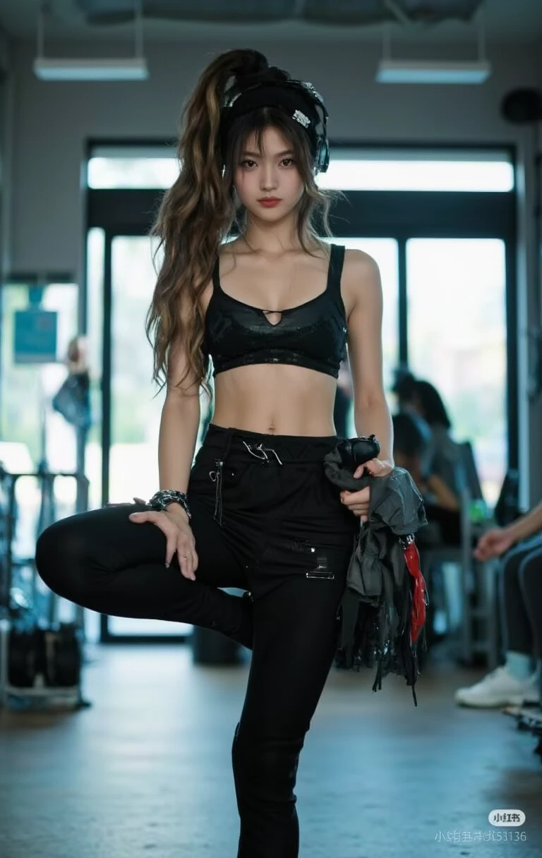 (solo), (a detailed full-body RAW photo of a girl), (masterpiece:1.0), (best quality:1.4), (ultra highres:1.2), (photorealistic:1.4), 8k resolution, Canon EOS R5, 50mm, absurd, ultra-detailed, (18yo), sharp focus, cinematic lighting, detailed beautiful face, (heavy makeup:1.2), (ulzzang-6500-v1.1), petite figure, fine skin texture, pale skin, flat chest, (slim body: 1.3), thigh gaps, delicate long black hair, messy hair, (Avril Lavigne: 0.7), smile, (sports bra, sports leggings: 1.3), realistic shiny skin, (bedroom: 1.2), squatting in crowd, legs open, transparent underwear, vaguely visible salmon --auto --s2