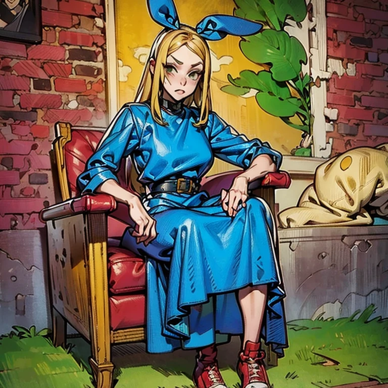 arafed woman in a blue dress and red converses sitting on a brick wall, alice in wonderland cyberpunk, like alice in wonderland, alice in wonderland style, alice goes down the rabbit hole, portrait of alice in wonderland, in wonderland, giant alice in wonderland, alice in wonderland theme, alice in wonderland syndrome, michael cheval (unreal engine, alice in wonderland
