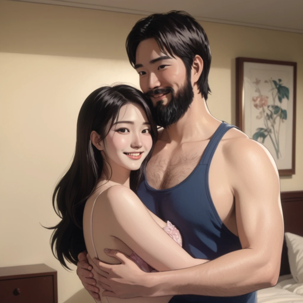 Couple、Embrace each other、Fat Uncle、Bearded man、Sexy beauty 20 years old、smile