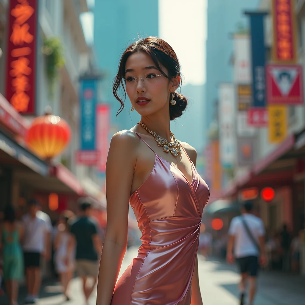 (((best quality))),(((ultra detailed))),(((masterpiece))),illustration,1girl,slim,vibrant rose-pink cotton dress,short ponytail,pantyhose,standing, bustling city streets, honking cars,surrounded by crowded crowds, colorful advertisements,enjoying sights and sounds,(dark black skin:1.5),day scene,upper body,from front,bare back,towering hips,butt crack