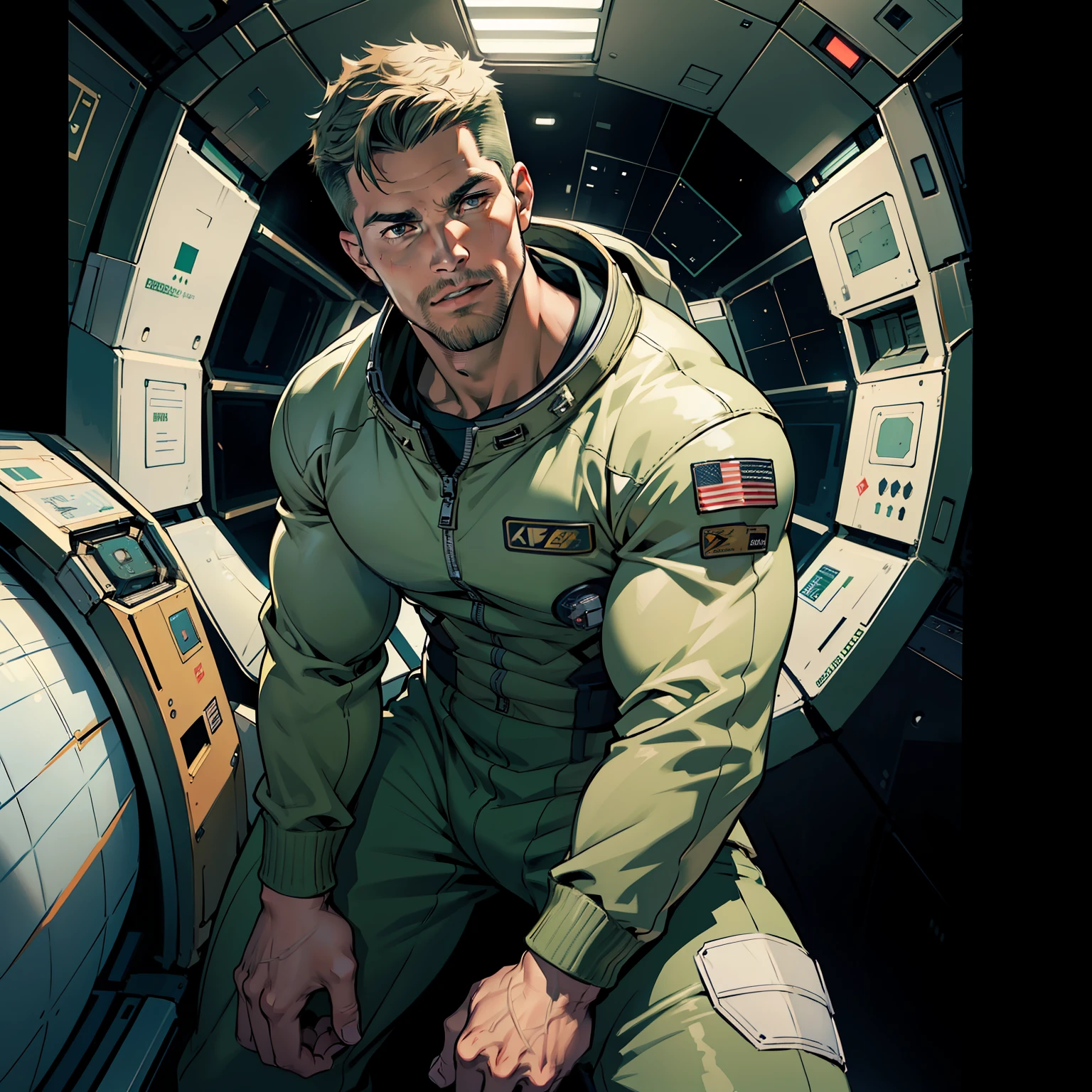 32k,masterpiece, best quality, detailed face, natural eyes,1man, solo mature man, muscled and mature, stephen amell as an astronaut wearing future space suit, dark green suit, showing muscles and bulge ,floating in the space inside a space shuttle , with "arrow" text and logo on his suit ,  full body, intricate Detailed background 