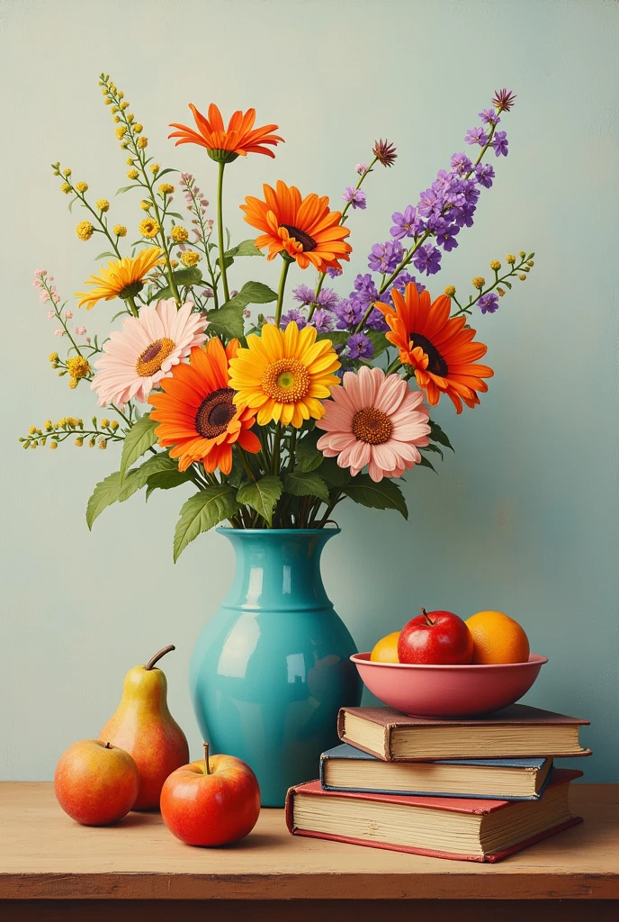 there is a blue vase with flowers and fruit on a table, a photorealistic painting by robert lee eskridge, flickr contest winner, photorealism, realistic flowers oil painting, beautiful realistic painting, fruit and flowers