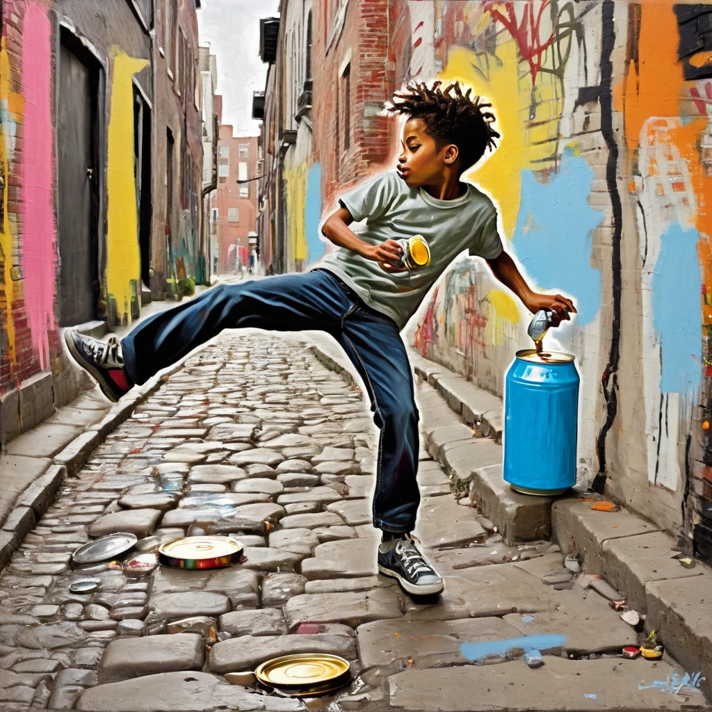 Boy kicking a can, cobblestone streets, loneliness and freedom, neo-expressionism, pure art and street art, acrylic paint scribbled on oil sticks, graffiti style, impasto technique, free-spirited and rough touch similar to graffiti, bold use of color, David Salle, a masterpiece inspired by Basquiat,