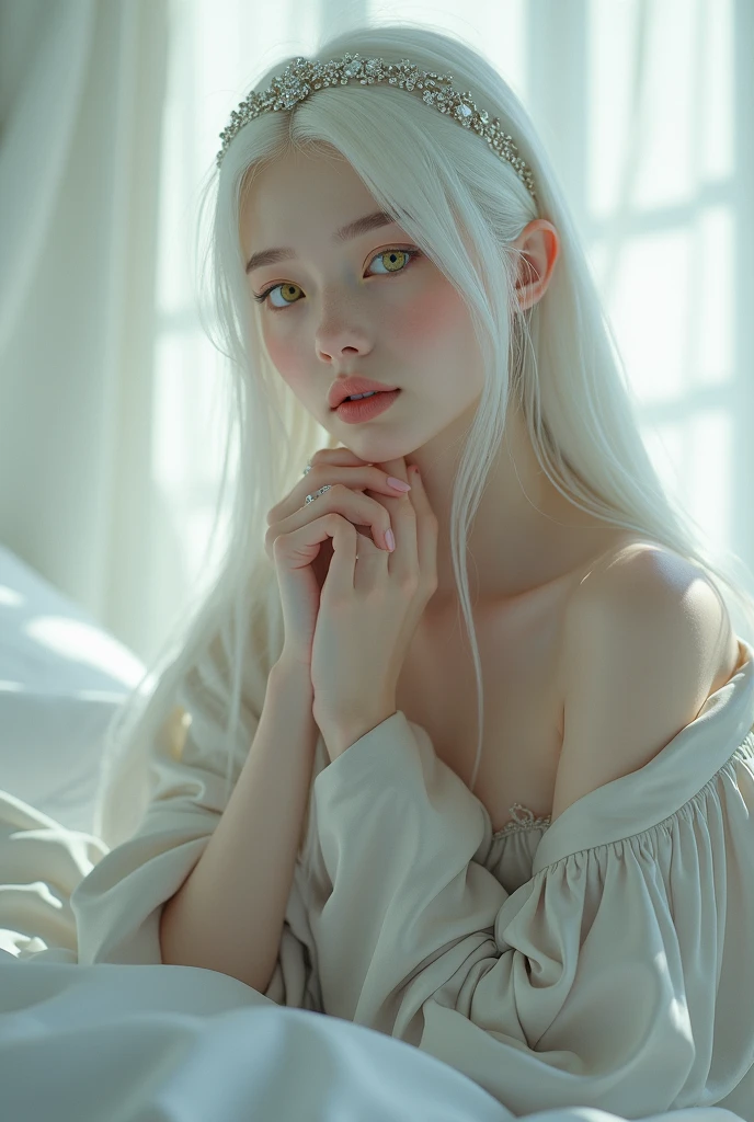 twogirls,White tones,white colors, Dettol,With a petite figure,tiny body,slimfigure,slim,teens girl,Petite,Almost naked,whaite hair,White hair,Hair covers the chest,lying back on,White bed,Captivating,Flat Lay,seductiv,Open legs,Look up at your head,thick long hair,Highly detailed body,Highly detailed face,best qualtiy、Floral underwear on a translucent white background