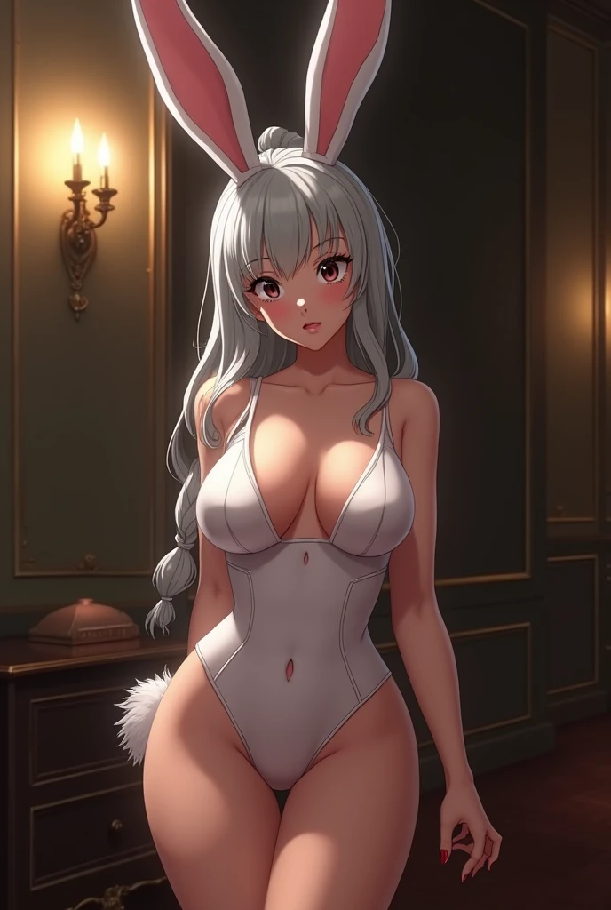 (tuxedo jacket), nude, orgasm, (young girl), (black bunny ears), (huge round breasts)(big boobs), erect(large nipples)erection, narrow waist, belly button, small hips, (bare hips), (nude underbody), (exposed vulva)(no panty), exposed(wet pussy)(spread labia)clitoris(pussy juice)urethra, (thin legs)(bare legs), (thin thighs)(M-shape), (silver ponytail)(white ribbon), (Highly Detailed CG Unity 8K Wallpaper) (Better Quality) (Better lighting)