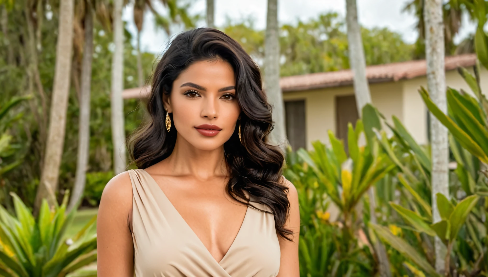 A photo of a 4 Colombian woman, medium height (about 165cm), with an olive skin tone and black wavy hair. She has sharp facial features, deep brown eyes, and full lips. Wearing a simple, elegant beige dress with subtle feminine details. She is standing outdoors in natural lighting, next to another person who is not central to the image, posing casually with a neutral expression. The saturation is low, giving the photo a slightly muted, vintage look. The background is in Florida, showing a calm suburban setting. The scene feels candid, like a natural photo taken from a camera.
