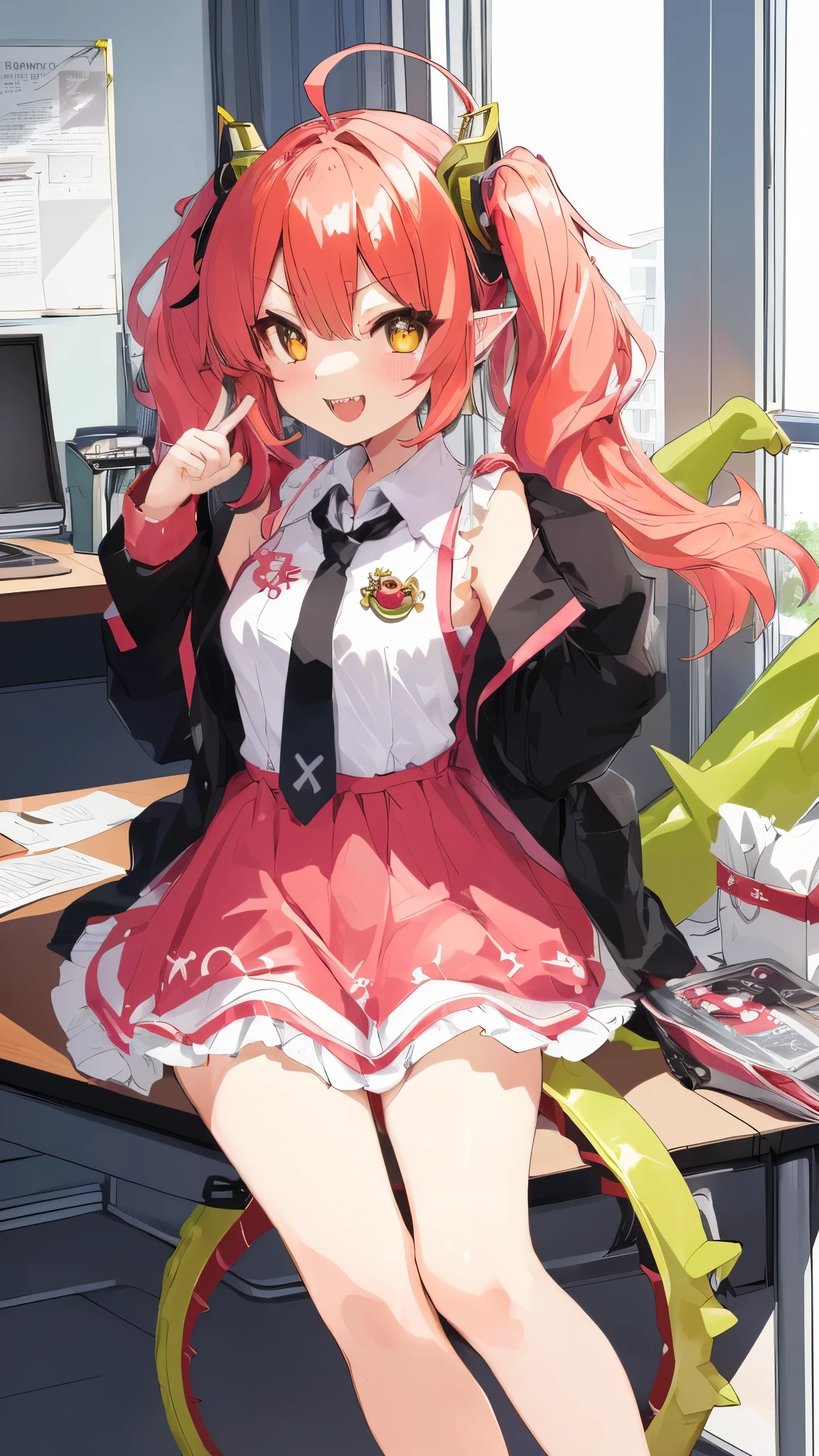 momoka, halo, short twintails, horns, bright pupils, ahoge, pointy ears, (dragon tail:1.1), collared dress, sleeveless dress, necktie, small breasts, (pointing at viewer:1.035), BREAK laughing, covering mouth, hand to own mouth, sharp teeth, (smug:1.2), :d, open mouth, , indoors, office, sitting on desk, holding food, (bag of chips:0.7), 
