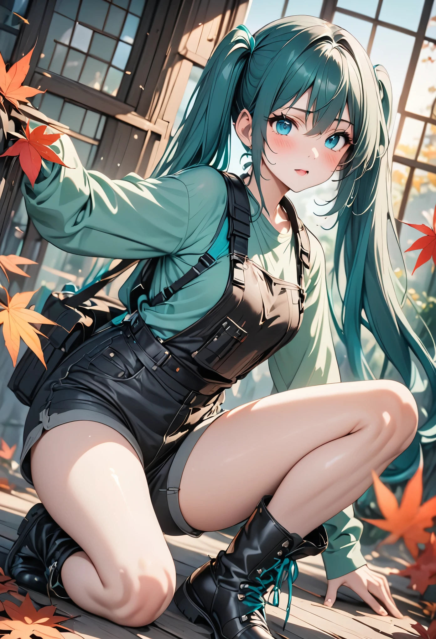 a sexy woman wear ninja , ninja outfit, on a tower, fog, soft light, (best quality), (masterpiece), slim, long legs, (flat chested), anime, (green hair), (view from above)