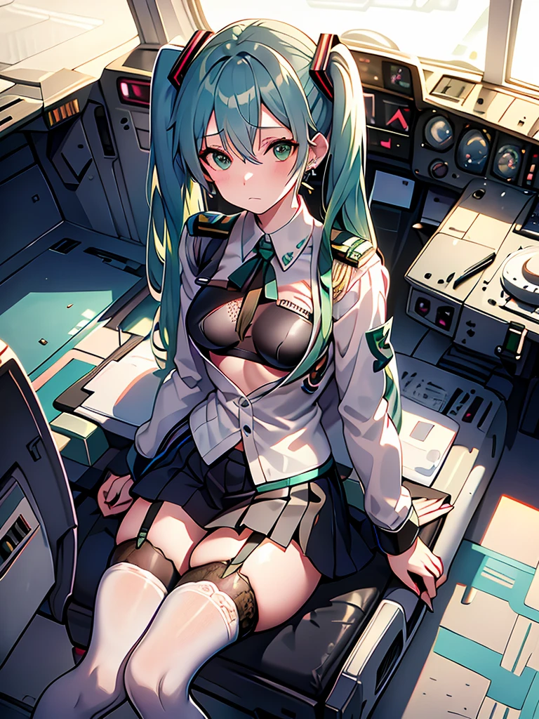 by mochizukikei, best quality, 1girl, hatsune miku, solo, simple background, white background, looking at viewer, sitting, closed mouth, ear piercing, green eyes, hair between eyes, very long hair, green hair, twintails, bangs, bandaid, fishnet legwear, jacket, torn clothes, fishnet thighhighs, long sleeves, earrings, garter straps