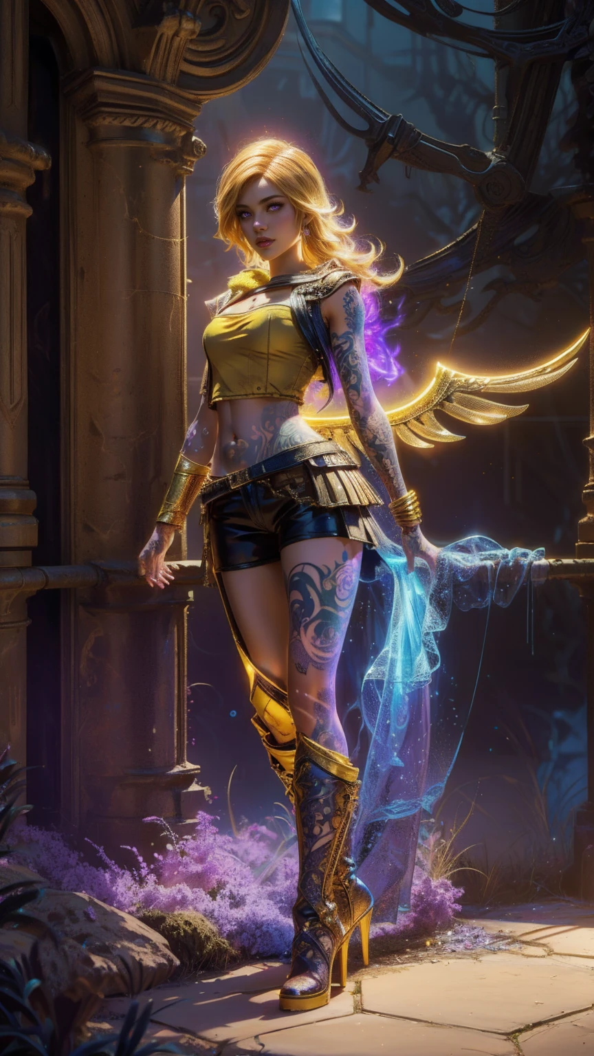 1girl, combining elements of Yang Xiao Long from "RWBY" and Lilith from "Borderlands", beautiful detailed eyes, beautiful detailed lips, extremely detailed face and portrait, long eyelashes, flowing golden hair, lilac/violet eyes, large bust, crop top, short shorts, wearing flat heeled boots, tattoos, (glowing blue markings), posing confidently, fantasy landscape, ancient ruins, sunlight, volumetric lighting, cinematic, award winning digital art, intricate details, highly detailed, hyper realistic, 8k, masterpiece, (wide angle), (full length portrait), lilithbl2, bhands, glow particle, wings, tattooed 