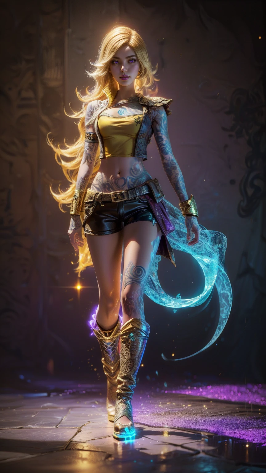 1girl, combining elements of Yang Xiao Long from "RWBY" and Lilith from "Borderlands", beautiful detailed eyes, beautiful detailed lips, extremely detailed face and portrait, long eyelashes, flowing golden hair, lilac/violet eyes, large bust, crop top, short shorts, wearing flat heeled boots, tattoos, (glowing blue markings), posing confidently, fantasy landscape, ancient ruins, sunlight, volumetric lighting, cinematic, award winning digital art, intricate details, highly detailed, hyper realistic, 8k, masterpiece, (wide angle), (full length portrait), lilithbl2, bhands, glow particle, wings, tattooed 