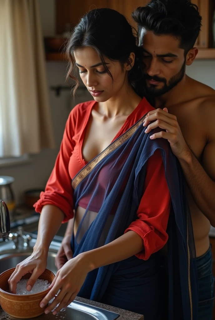 Indonesian couple. the men with normal bodies just wear turquoise pajamas. the woman is a little chubby, wear sleeveless and short pink nightgown. Luxurious room in mixed colors of pink and turquoise decorated with red roses and gauze mosquito nets as background details, stood up and hugged from behind, look at the viewer, dim candle light, Realistic photography, low angle shot,