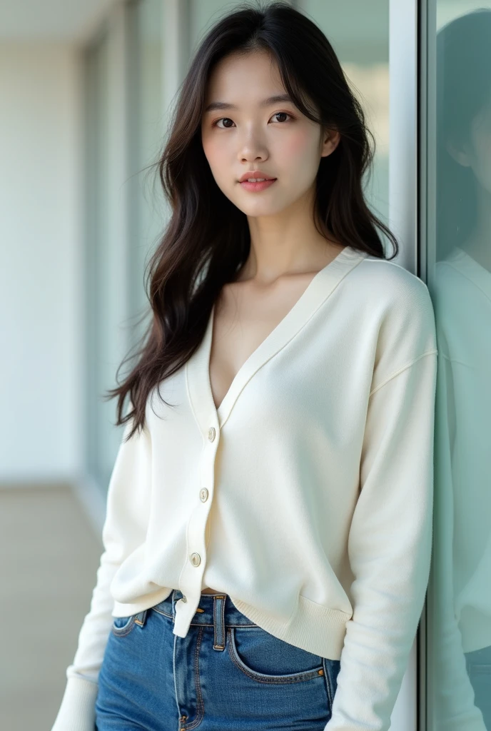 masterpiece, best quality, ultra high resolution (realism: 1.4), original photo, 35mm lens., F1 aperture.4, movie poster, light and shadow, female, a white cardigan, long black hair, real skin, (skin detail: 1.3),
