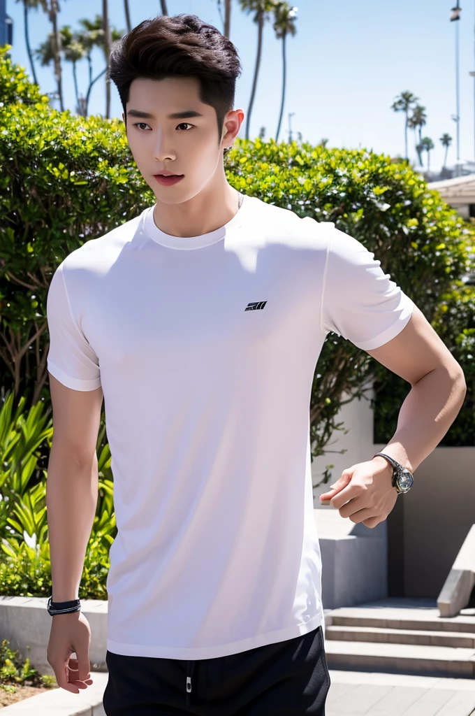 arafed man standing on a path in a white shirt and black shorts, siwoo kim, handsome chad chin, south korean male, by Adam Dario Keel, sun-hyuk kim, attractive pose, mid-shot of a hunky, korean muscle boy 2 , inspired by Adam Dario Keel, woo kim, with palm trees in the back